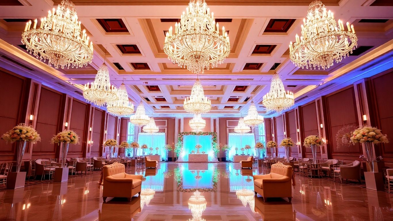 Elegant ballroom with chandeliers and floral arrangements for a quinceañera.
