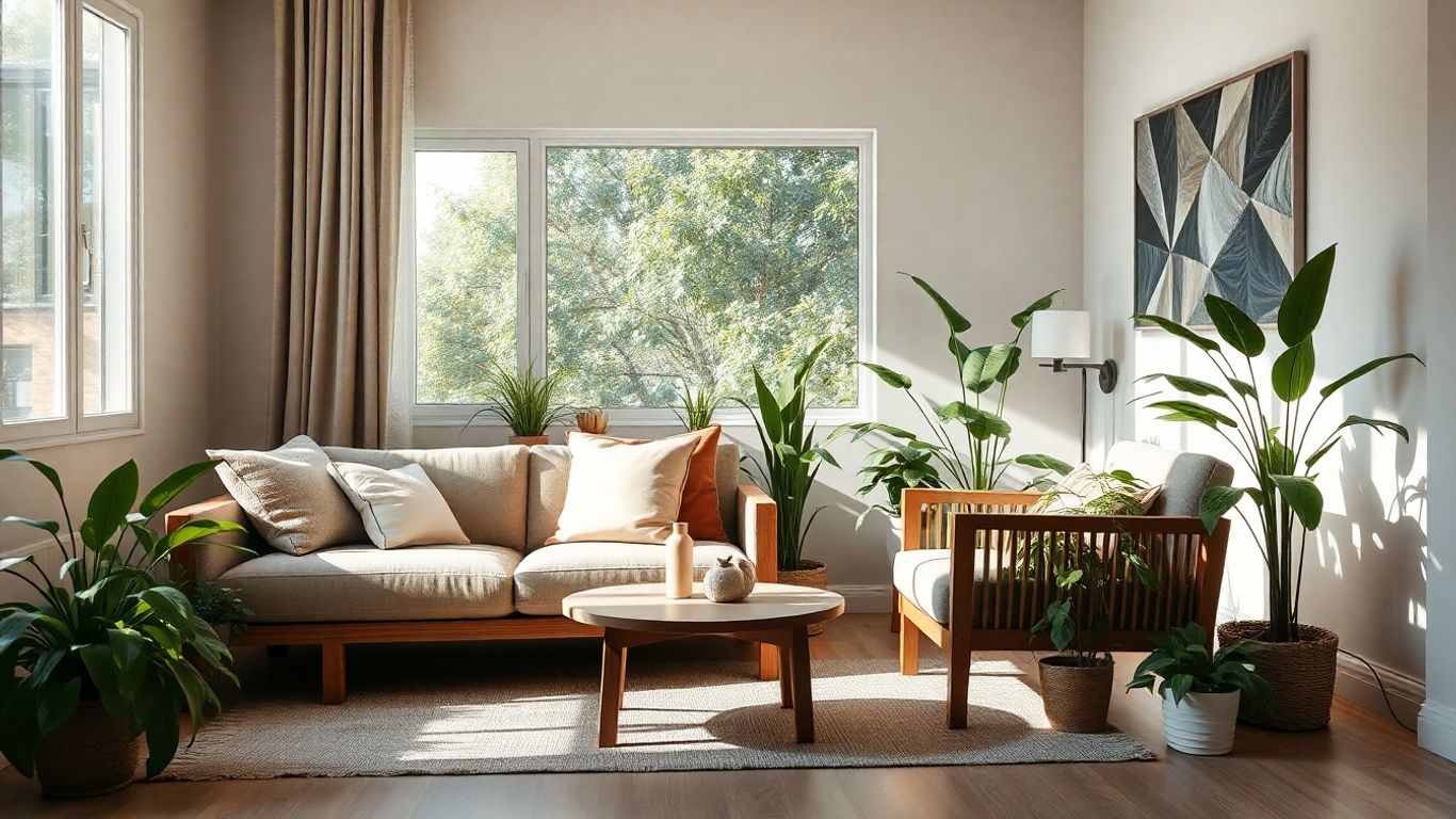 Mobilier ecologic din lemn natural într-o cameră luminoasă.