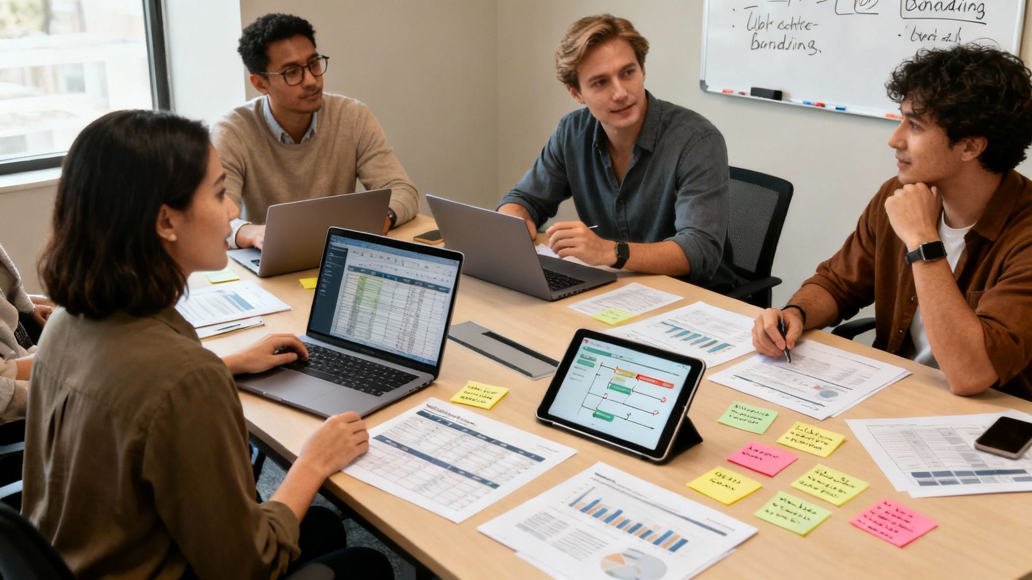 A small team gathered around a conference table discussing client updates and upcoming onboarding tasks, using both digital and paper materials to support workflow
