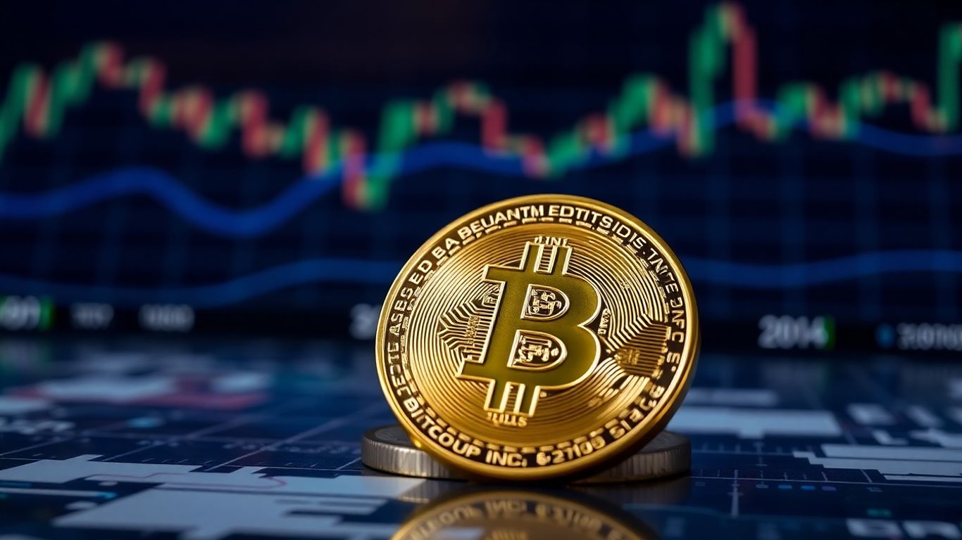 Bitcoin coin against a blurred financial market background.