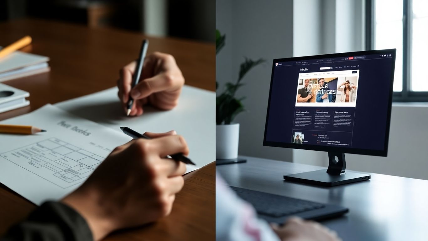 Sketch of website transforming into digital screen