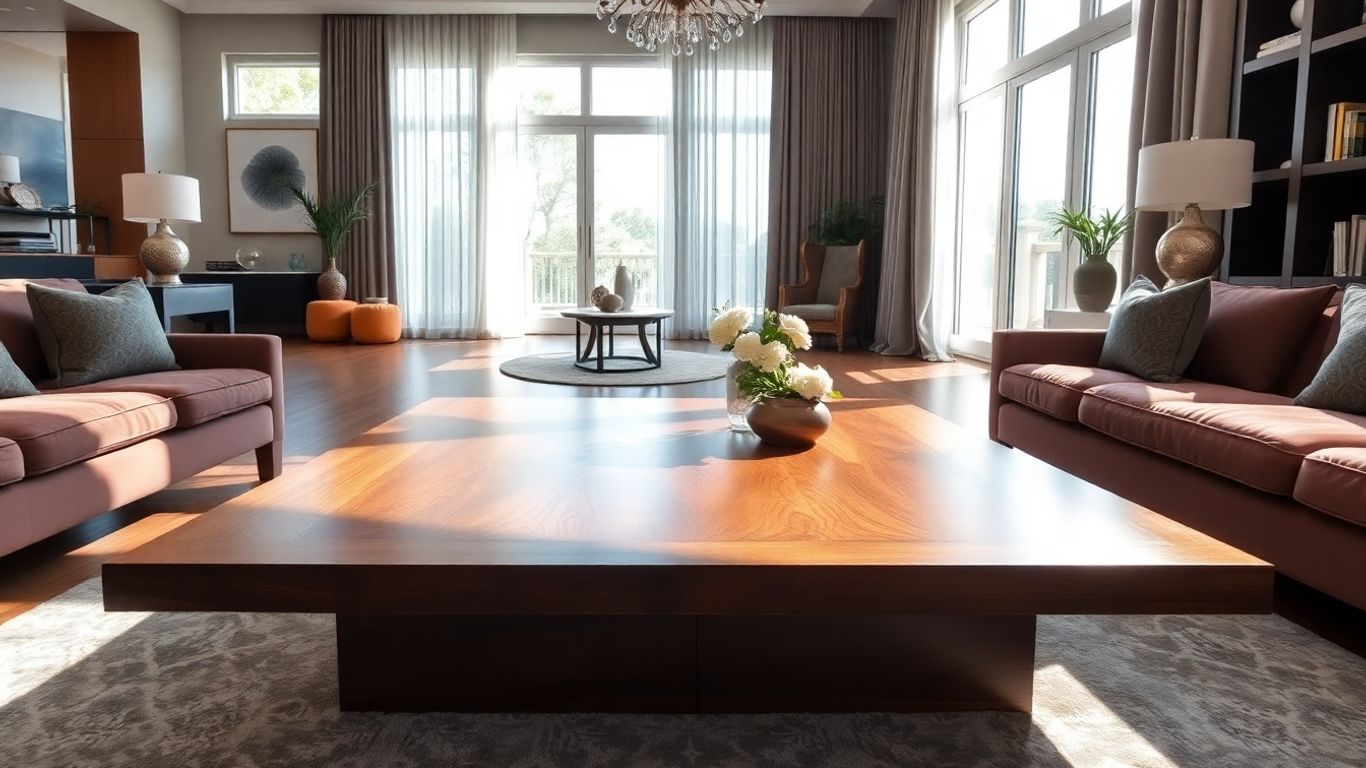 Walnut coffee table in a modern living room.