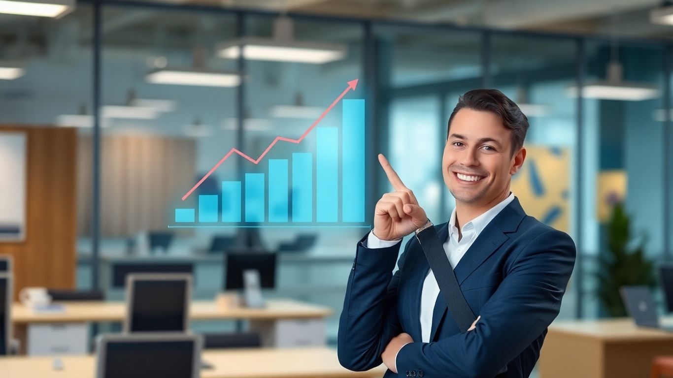 Marketing professional pointing at upward trending business data.