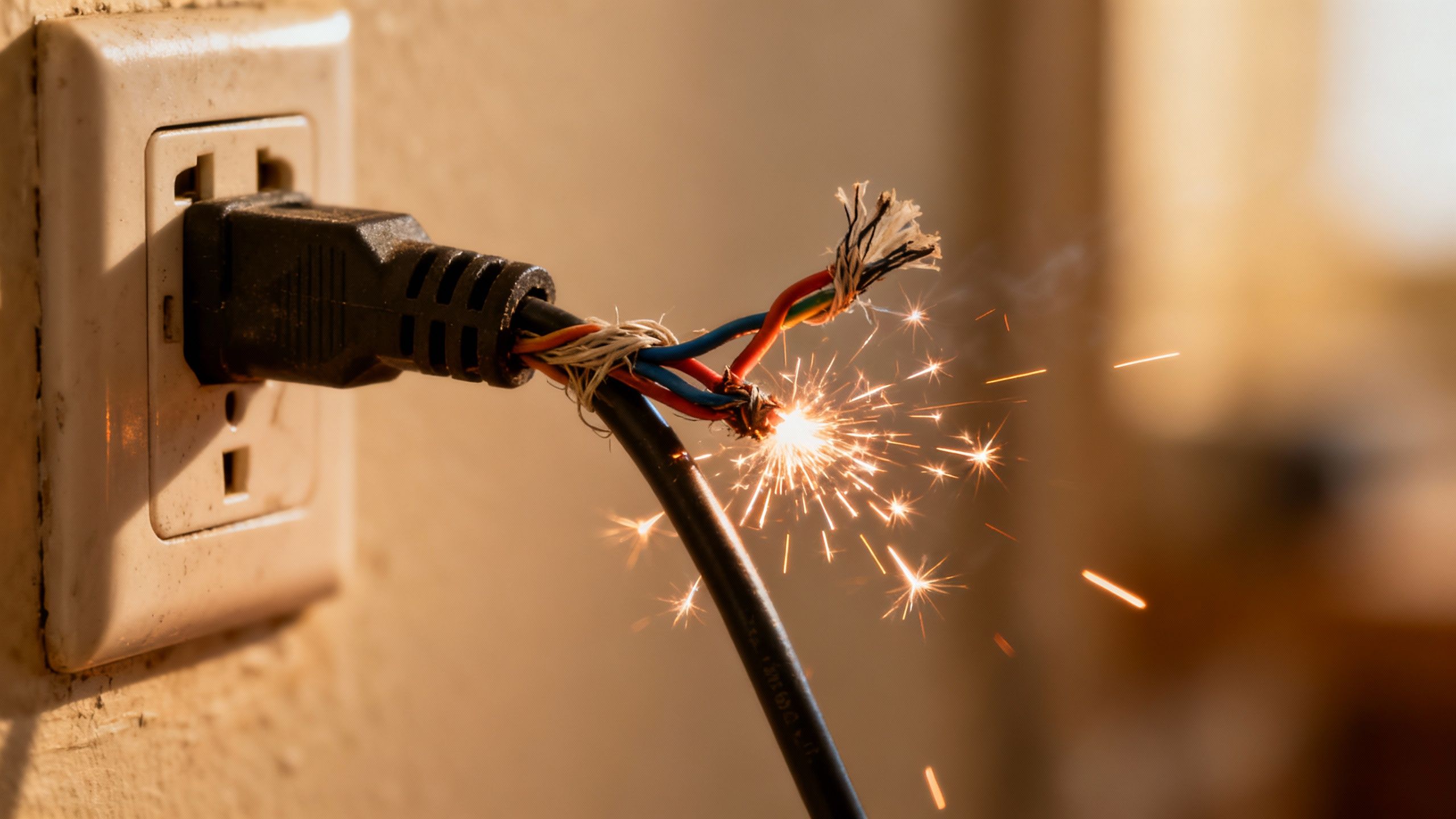 Damaged electrical cord sparking at an outlet.