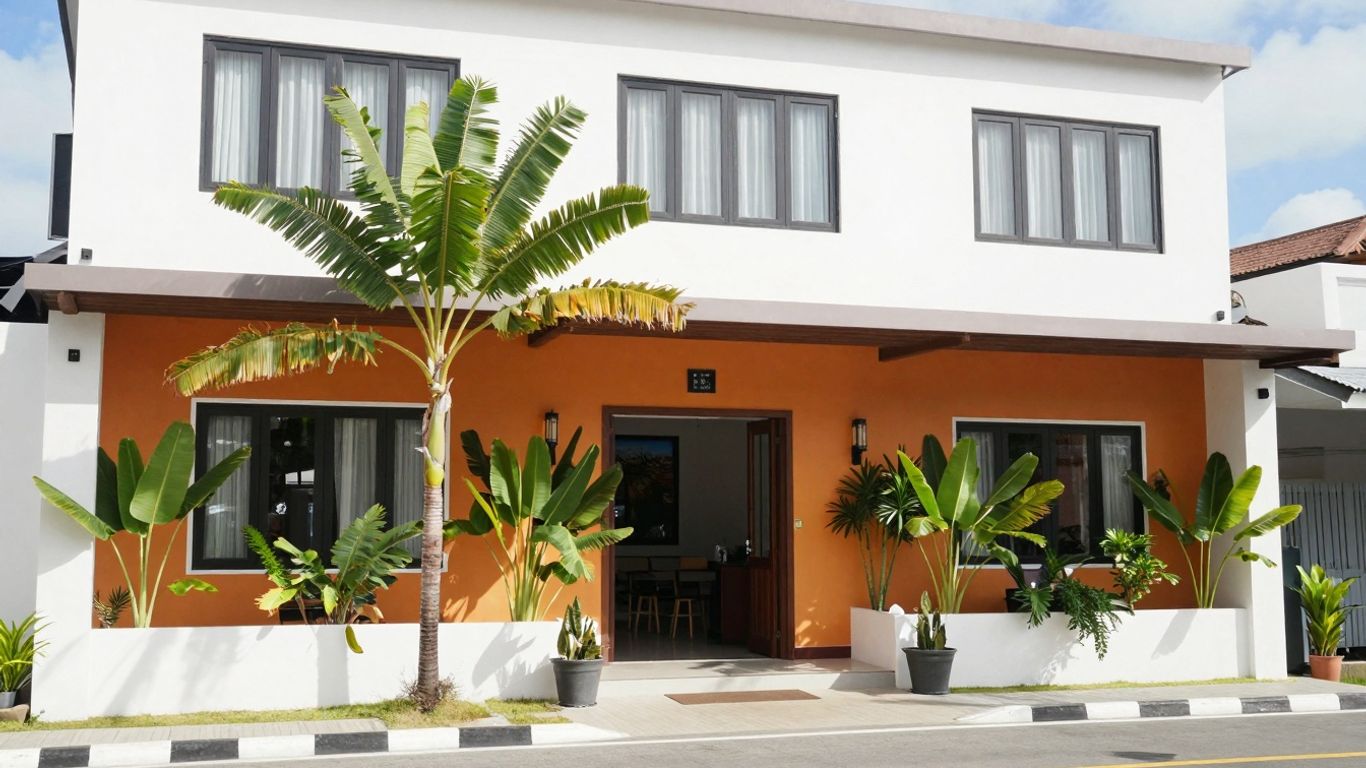 Seaesta Komodo Hostel exterior with tropical plants.