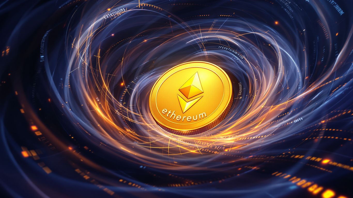 Golden Ethereum coin in a vortex of digital energy.