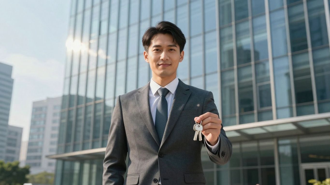Real estate broker with keys and cityscape