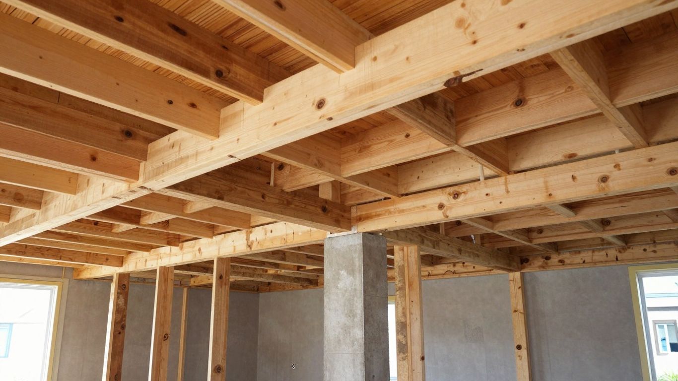 House pier and beam foundation structure underside.