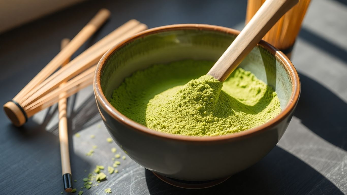 Vibrant green matcha powder and bamboo whisks.