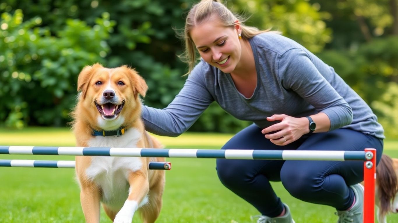 Dog trainer and happy dog on an outdoor obstacle course.