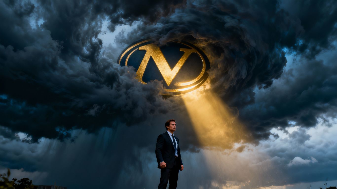 Brand logo in storm with executive facing it.