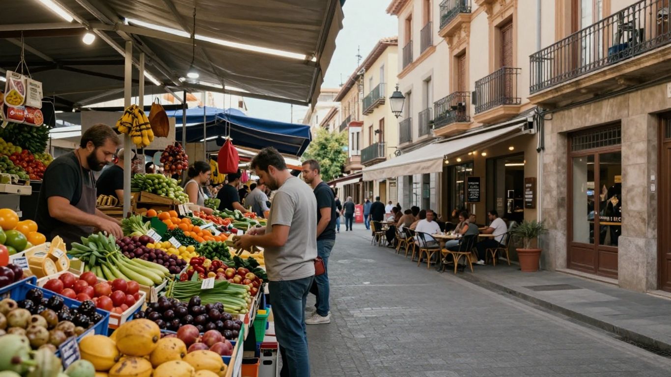 Marché espagnol coloré face à une rue française calme.