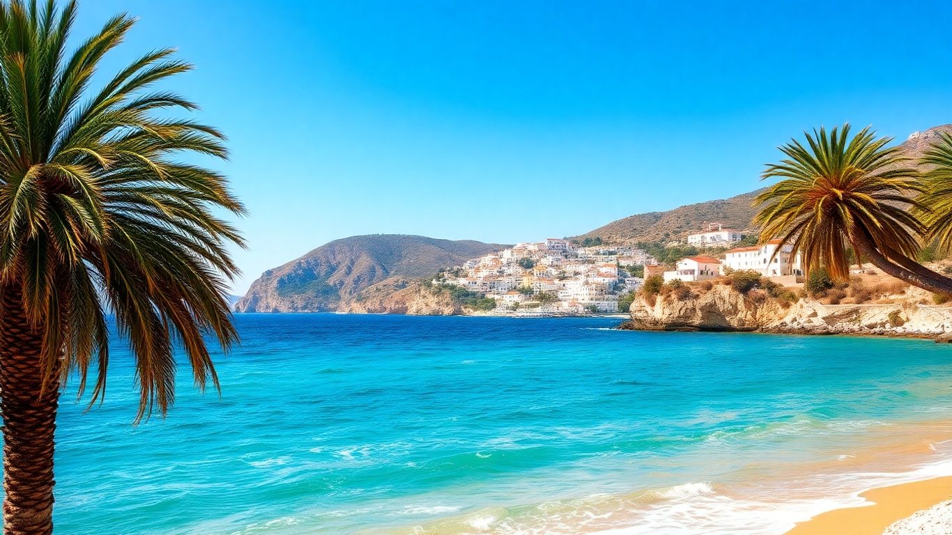 Sunny European coast with beaches and villages.