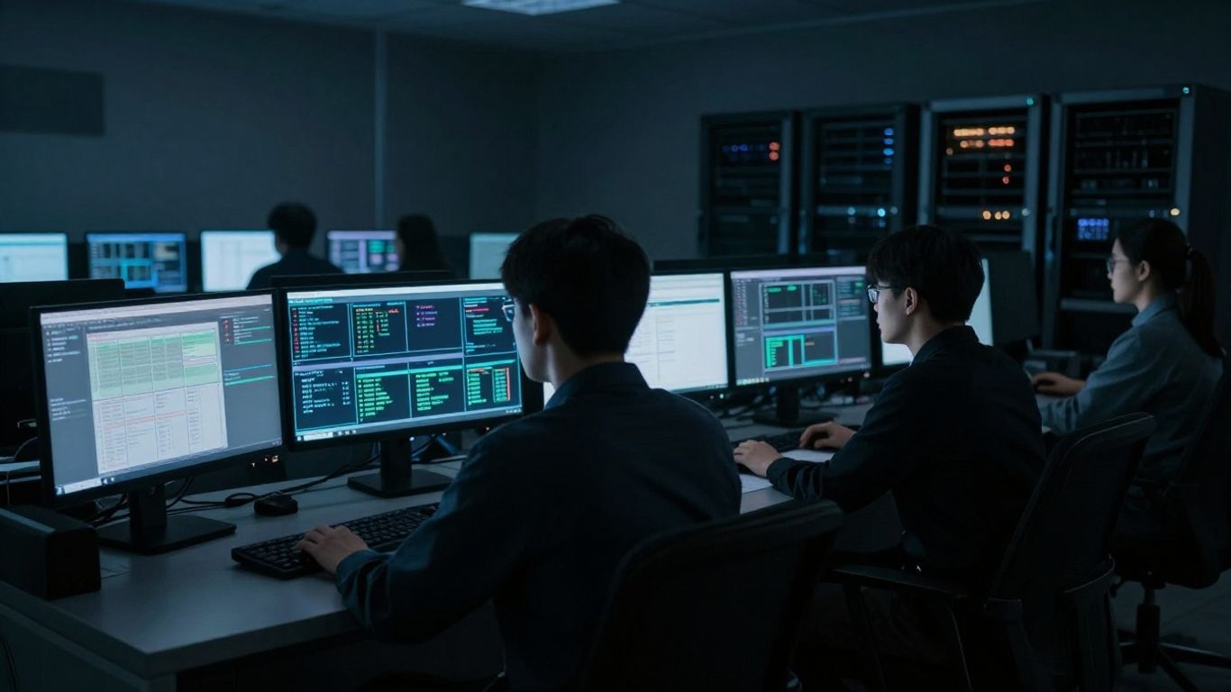 Security operations center with glowing monitors and analysts.
