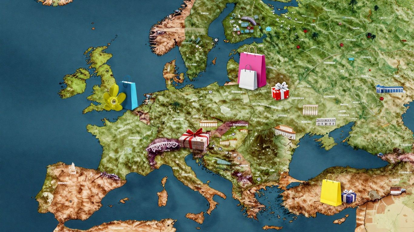 European ecommerce map with shopping bags and landmarks.