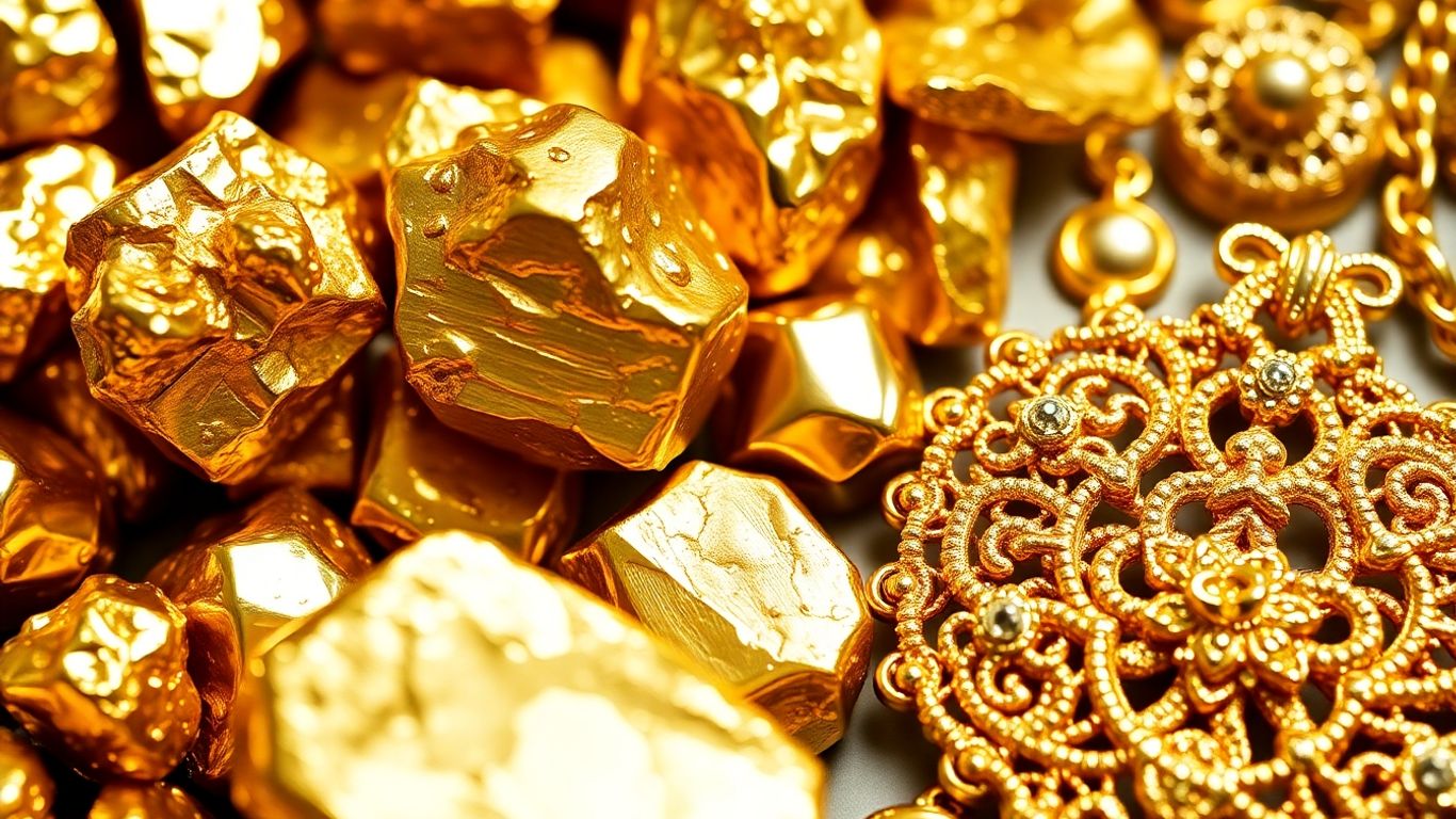 Nuggets et bijoux en or brillant.
