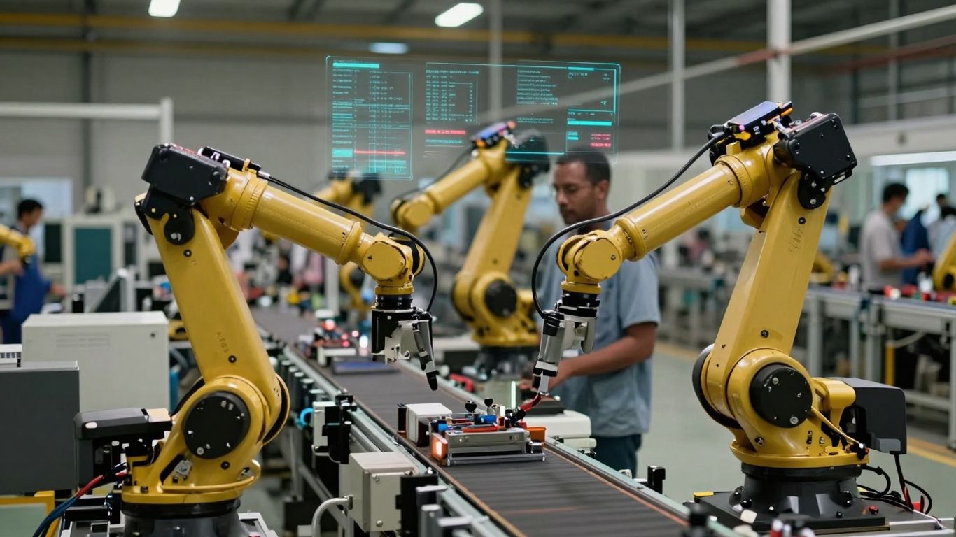 Robotic brațe în fabrică, optimizând producția.