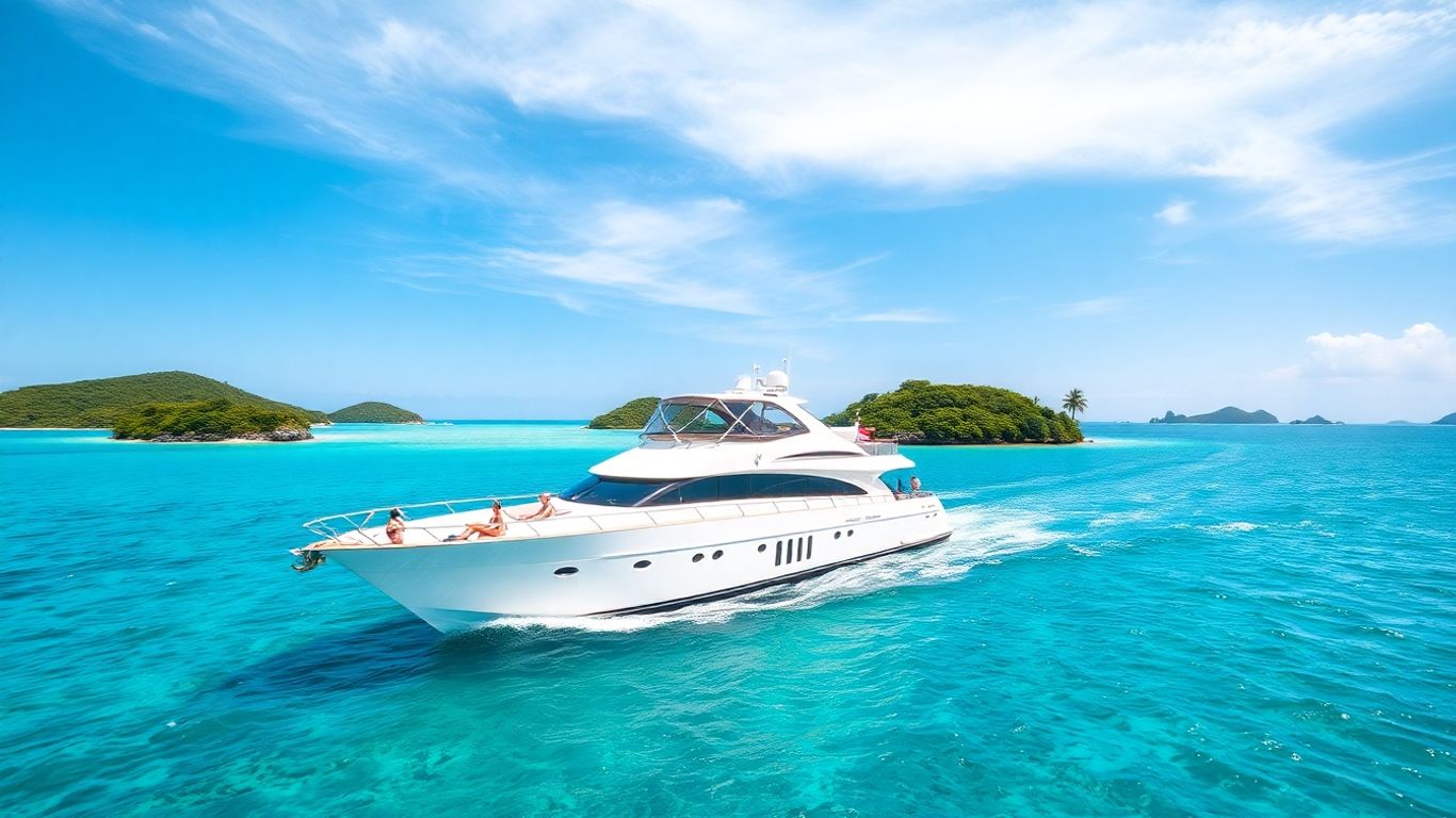 Luxury yacht cruising Caribbean turquoise waters near palm islands