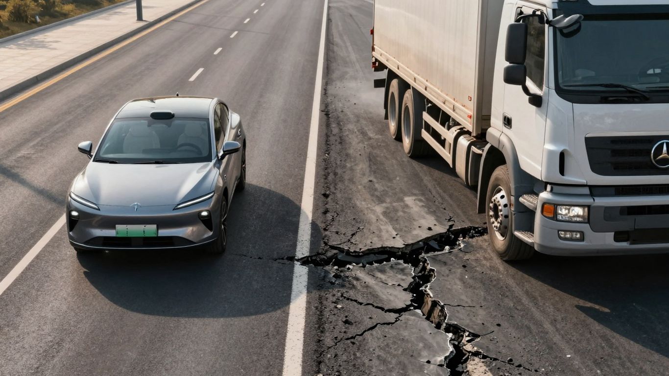 Electric car versus damaged road from heavy vehicles.