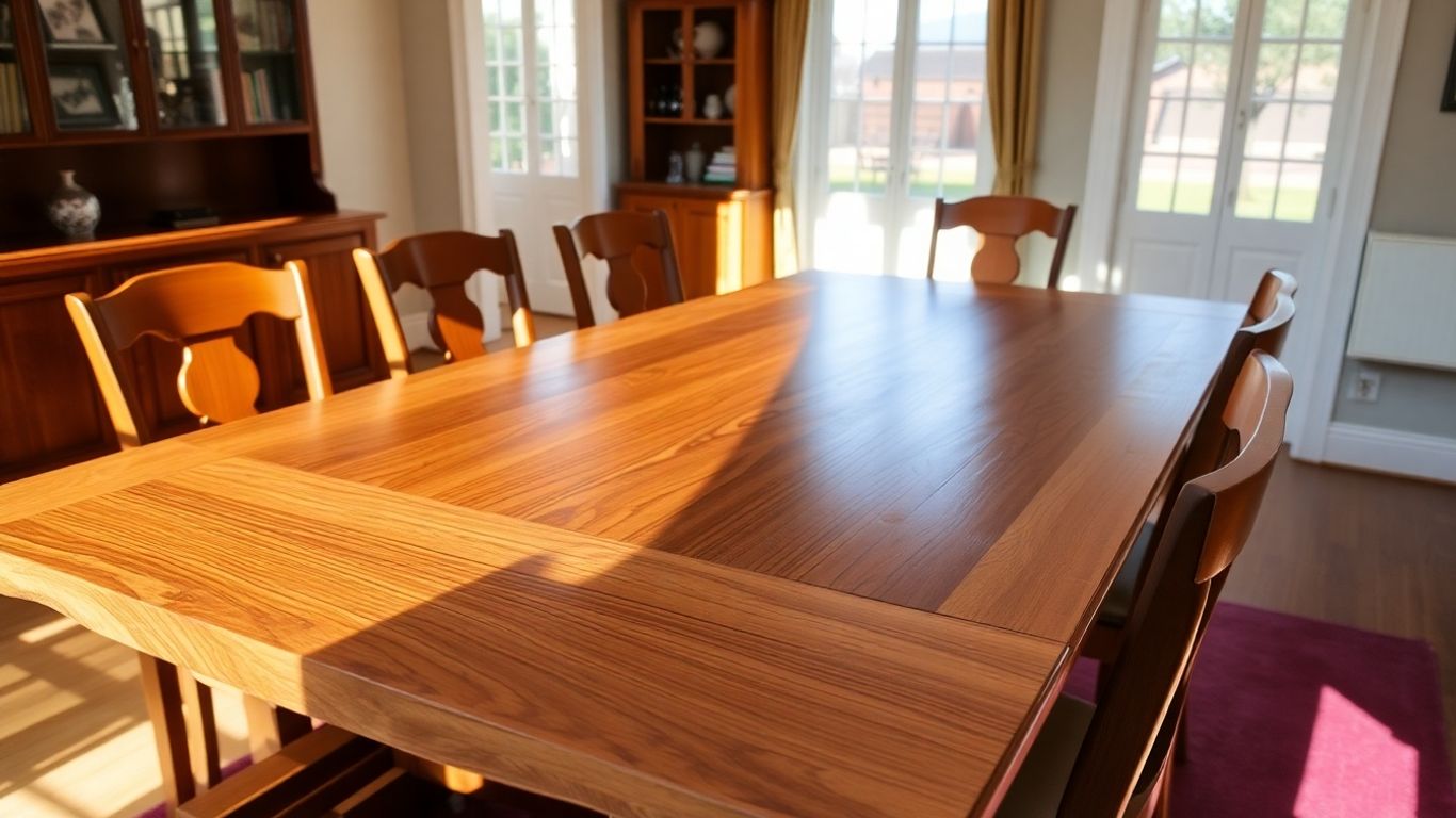 Elegant solid wood dining table in a bright room.