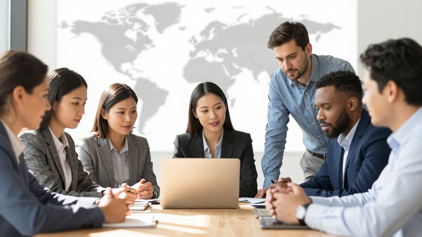 Global team collaborating, world map background.