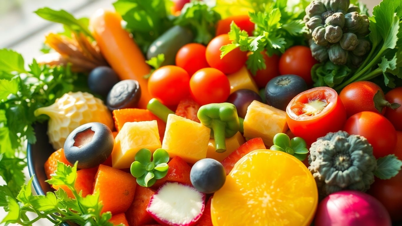 Colorful bowl of fresh vegetables and fruits.