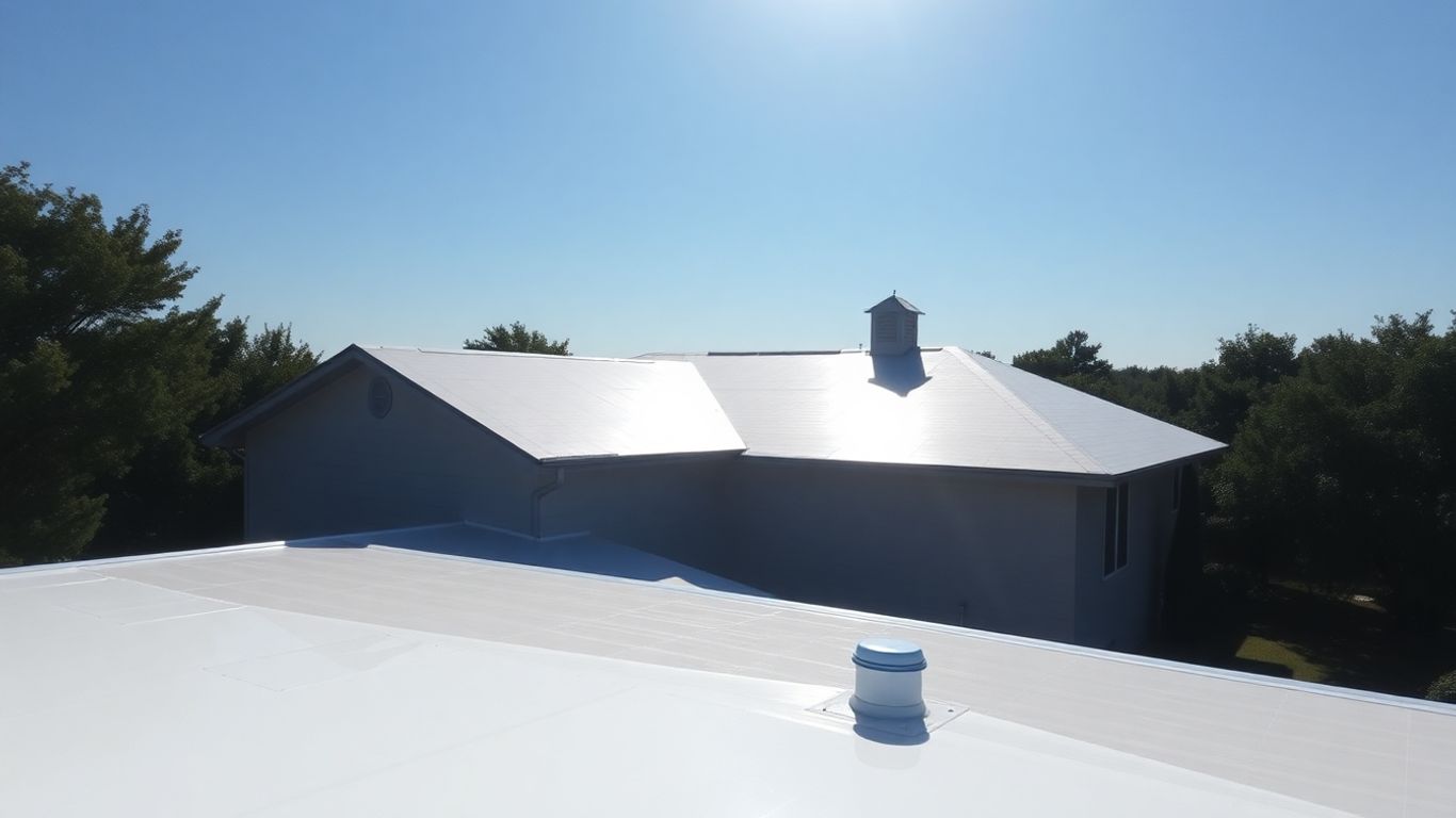 White roof coating on a sunny day in Tolar, TX.
