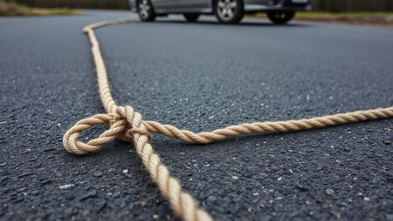 Snapped tow rope on a road near a car.