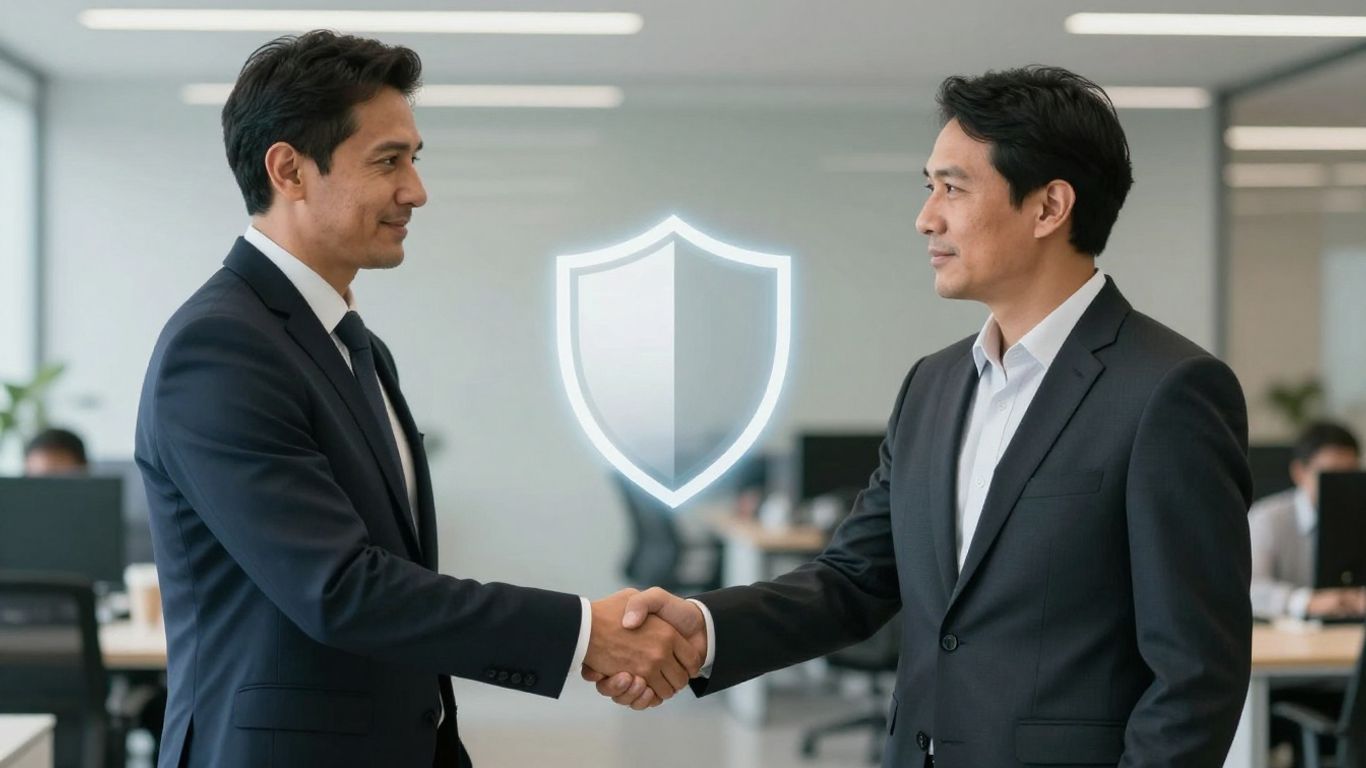 Business handshake with a protective shield icon.