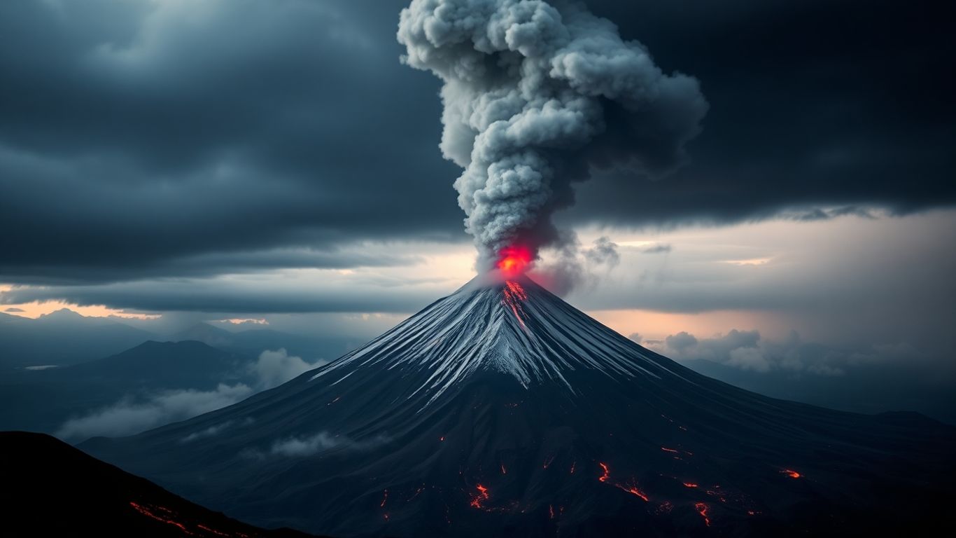 Mont Fuji en éruption, fumée et lave rouge.