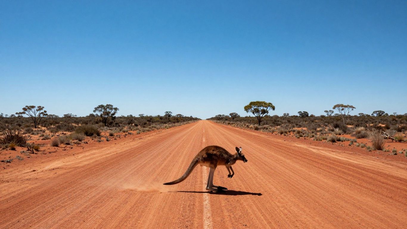 Kangaroo hopping on a dusty outback road.