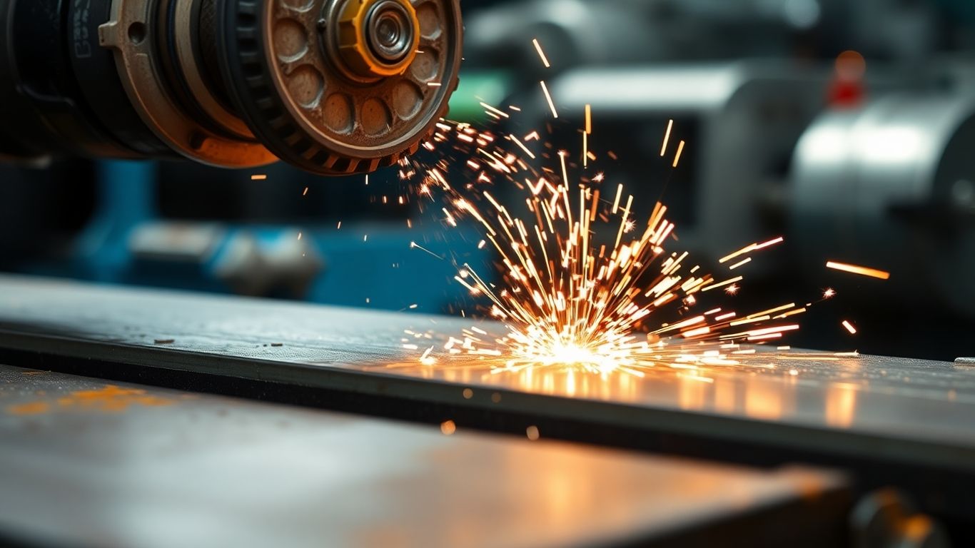 Grinding wheel sparks on steel surface.