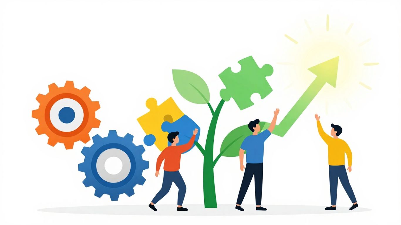 Infographic of gears, puzzle pieces, and collaboration for growth.