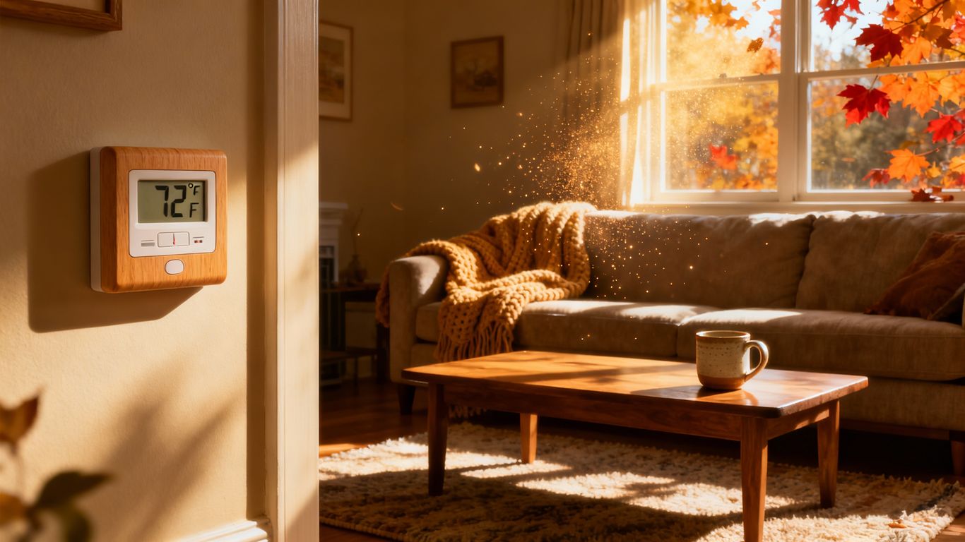 HVAC thermostat in a cozy living room.