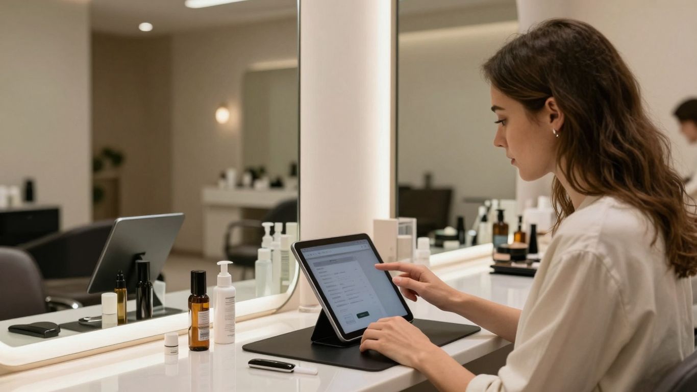 Modern beauty salon with stylist using a tablet.