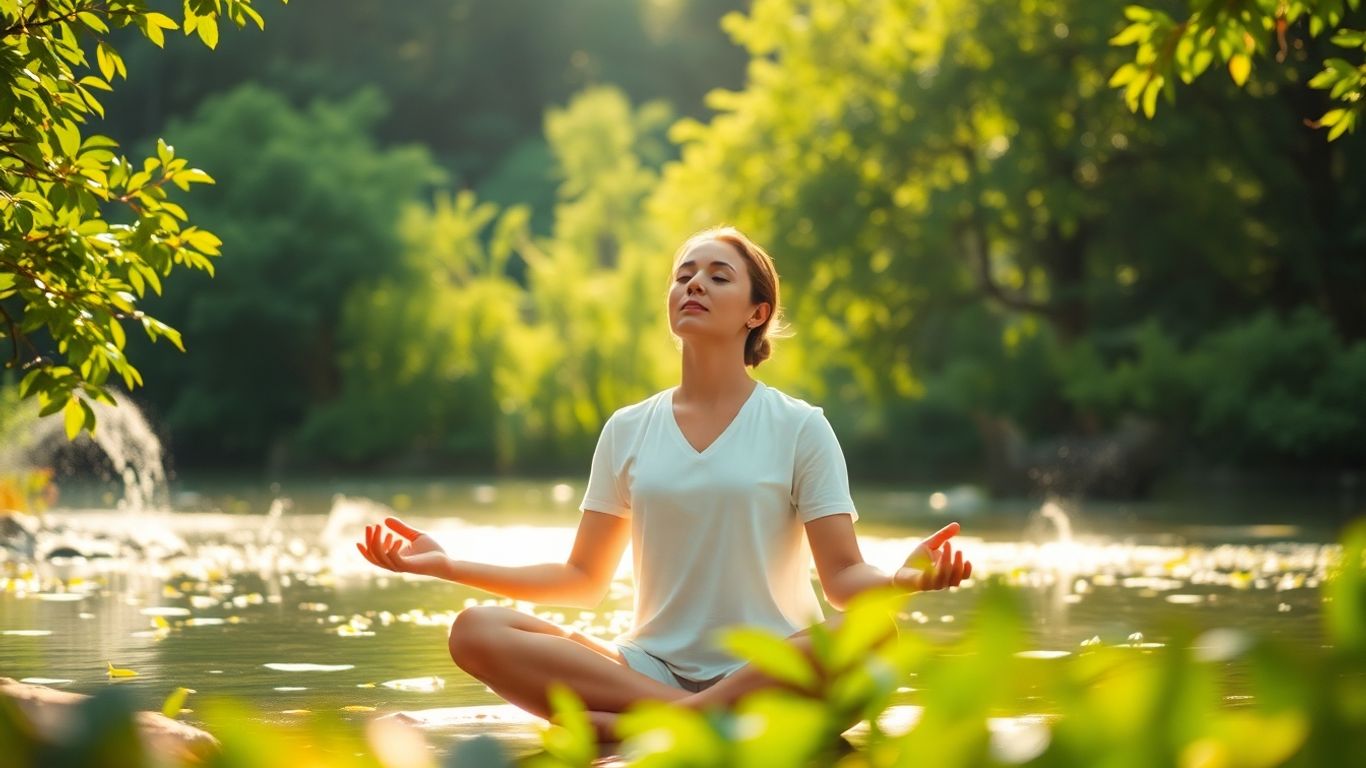 Person meditating peacefully outdoors in nature.