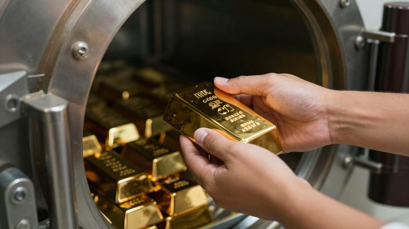 雙手將金條放入安全的金庫中。