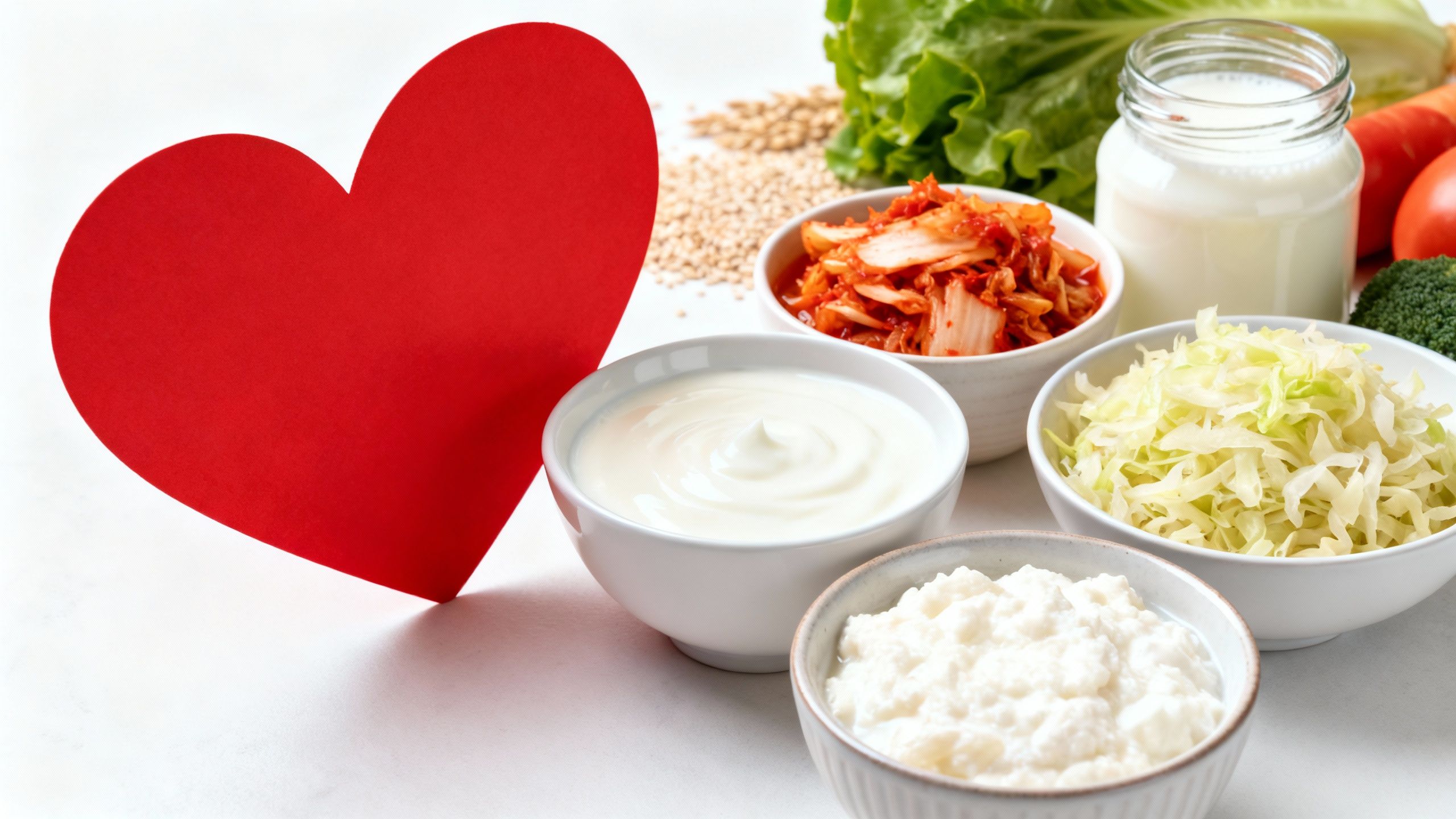 Fermented foods and heart illustration on clean background.