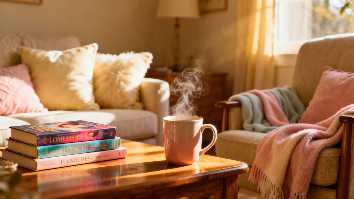 Cozy reading nook with romance novels and warm lighting.