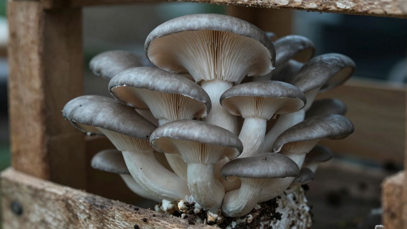 Frische Austernpilze wachsen in einer Holzkiste.