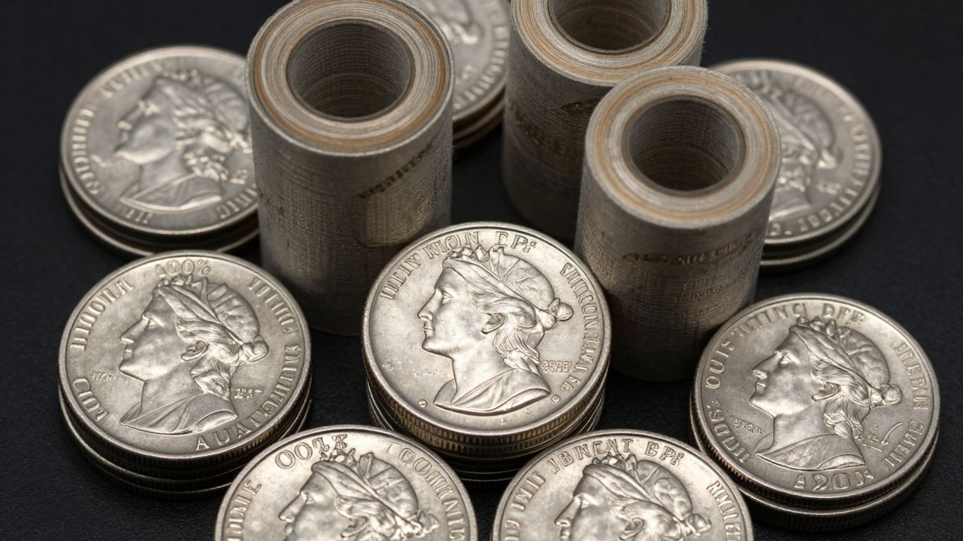 Rolls of 90% silver dimes and quarters.