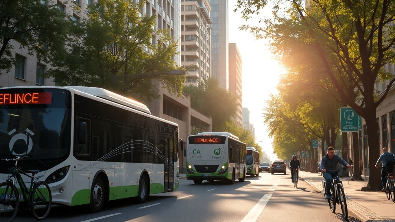 Autobuze electrice și biciclete pe străzi verzi.
