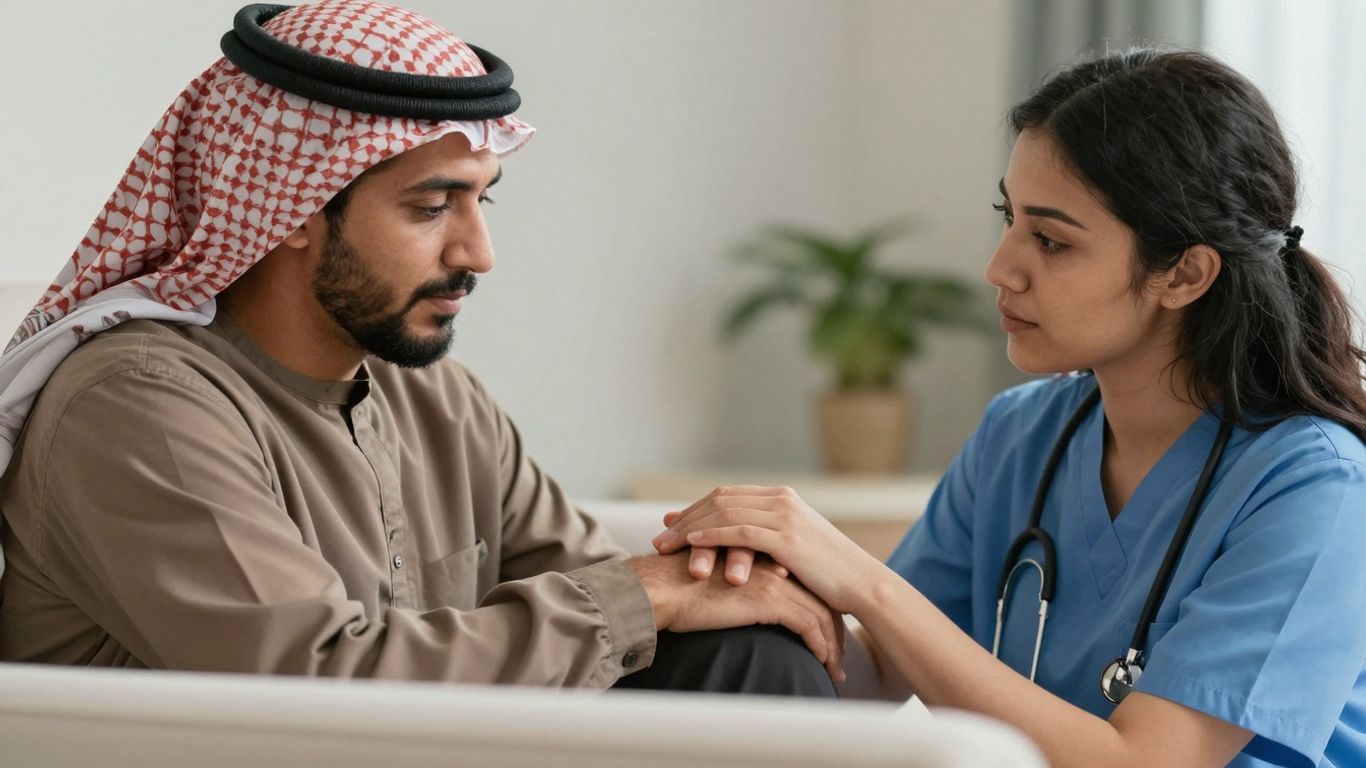 Nurse comforting patient, professional mental health care.