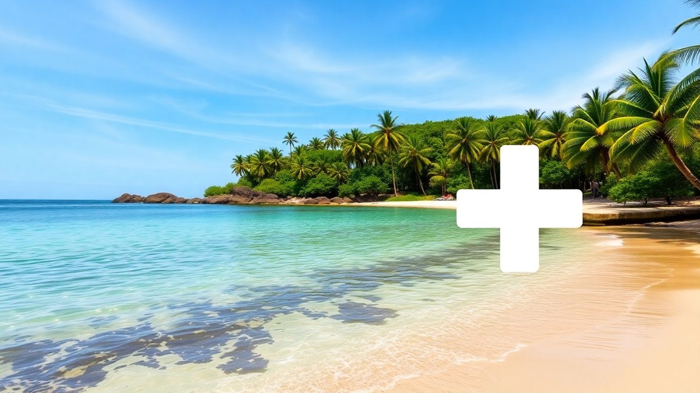 Balinese beach with medical cross symbol.
