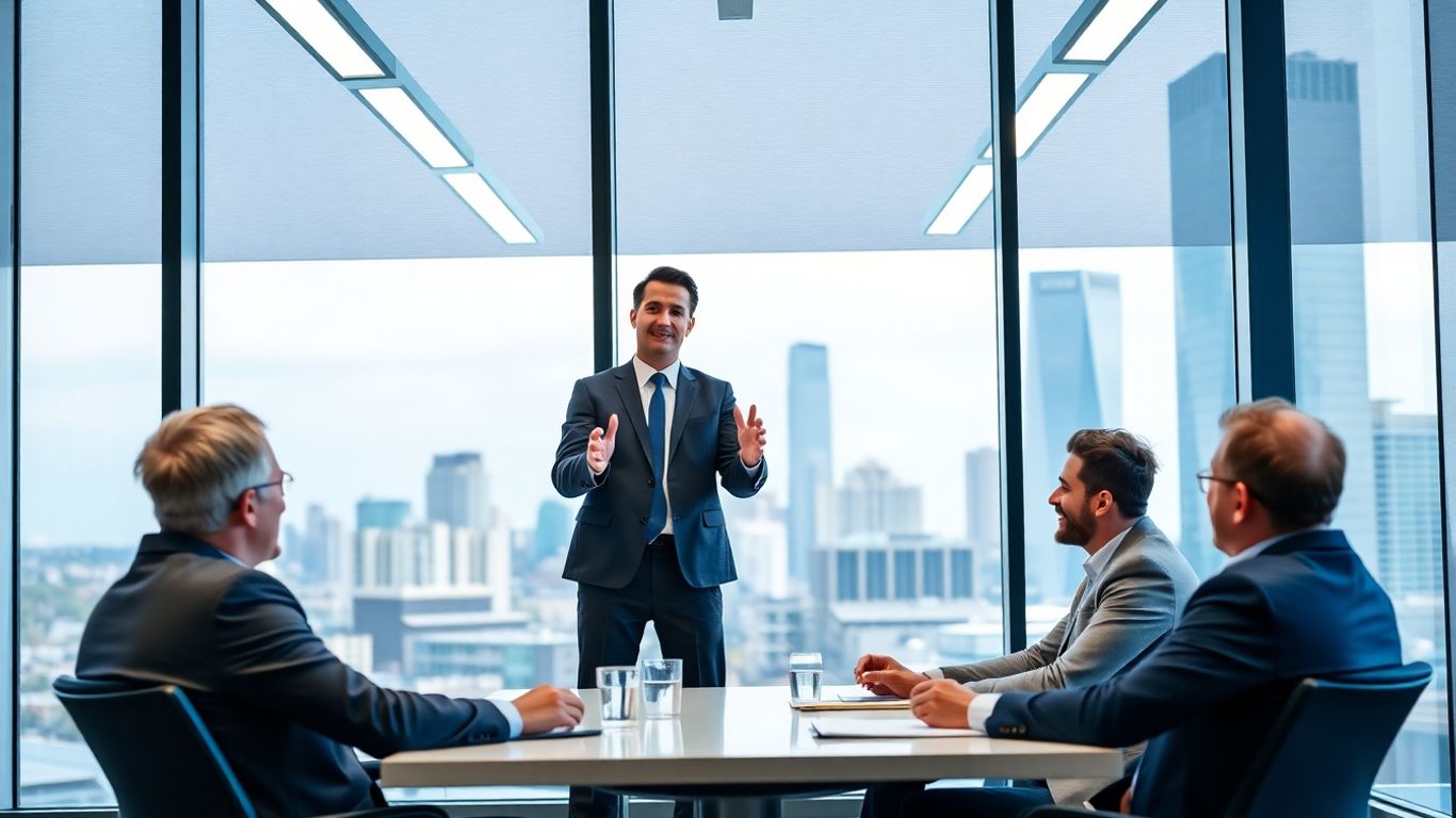 Antreprenor prezentând un pitch investitorilor într-un birou modern