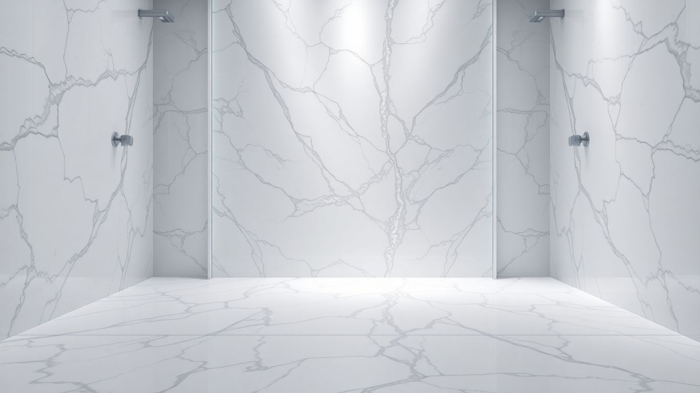 Luxurious marble shower with gleaming white walls and floor.