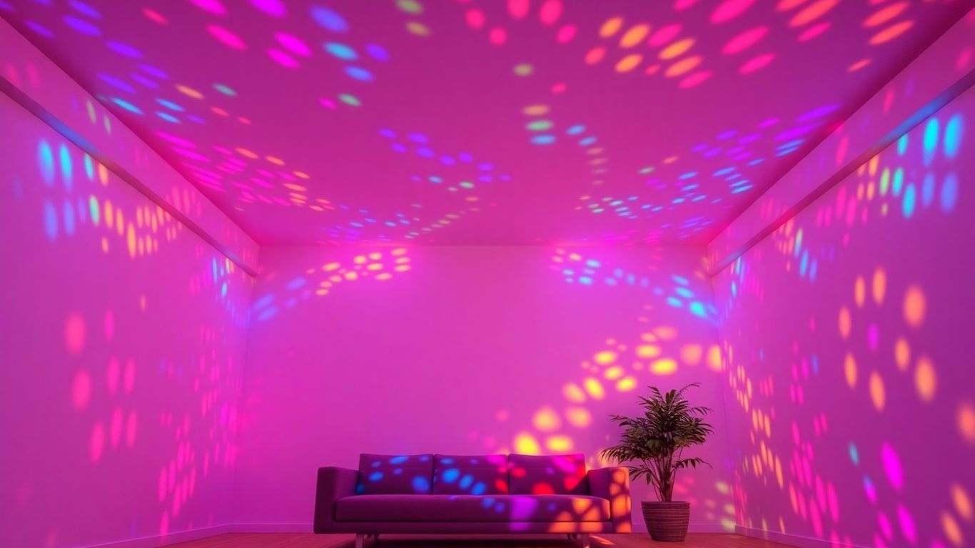 Vibrant colored ceiling lights illuminating a modern living room.