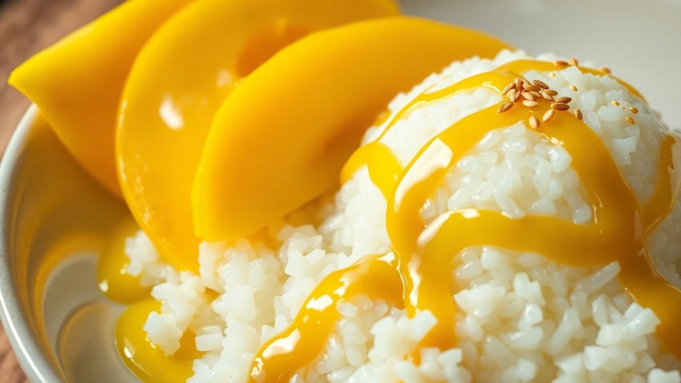Thai mango sticky rice with fresh mango and coconut sauce.