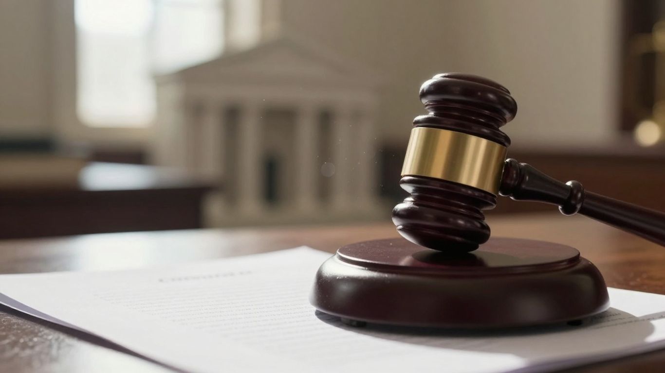 Gavel on legal document with courthouse background.