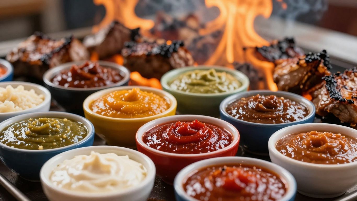 Assortment of global barbecue sauces with grilled meats.
